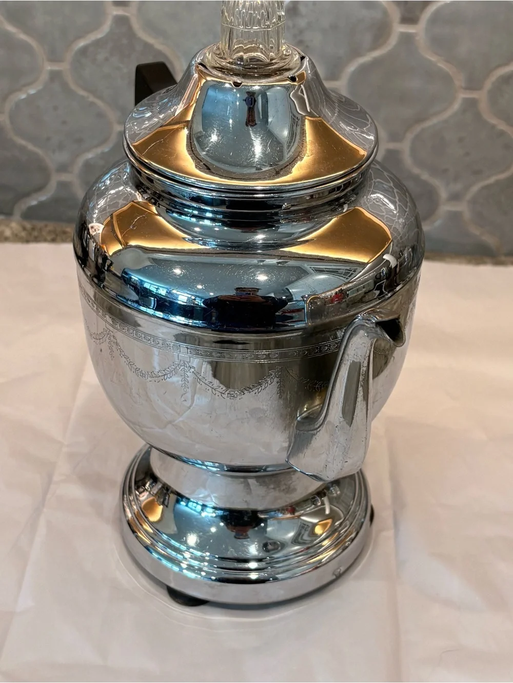 Vintage Farberware Electric Coffee Percolator Chrome Floral Etched Design